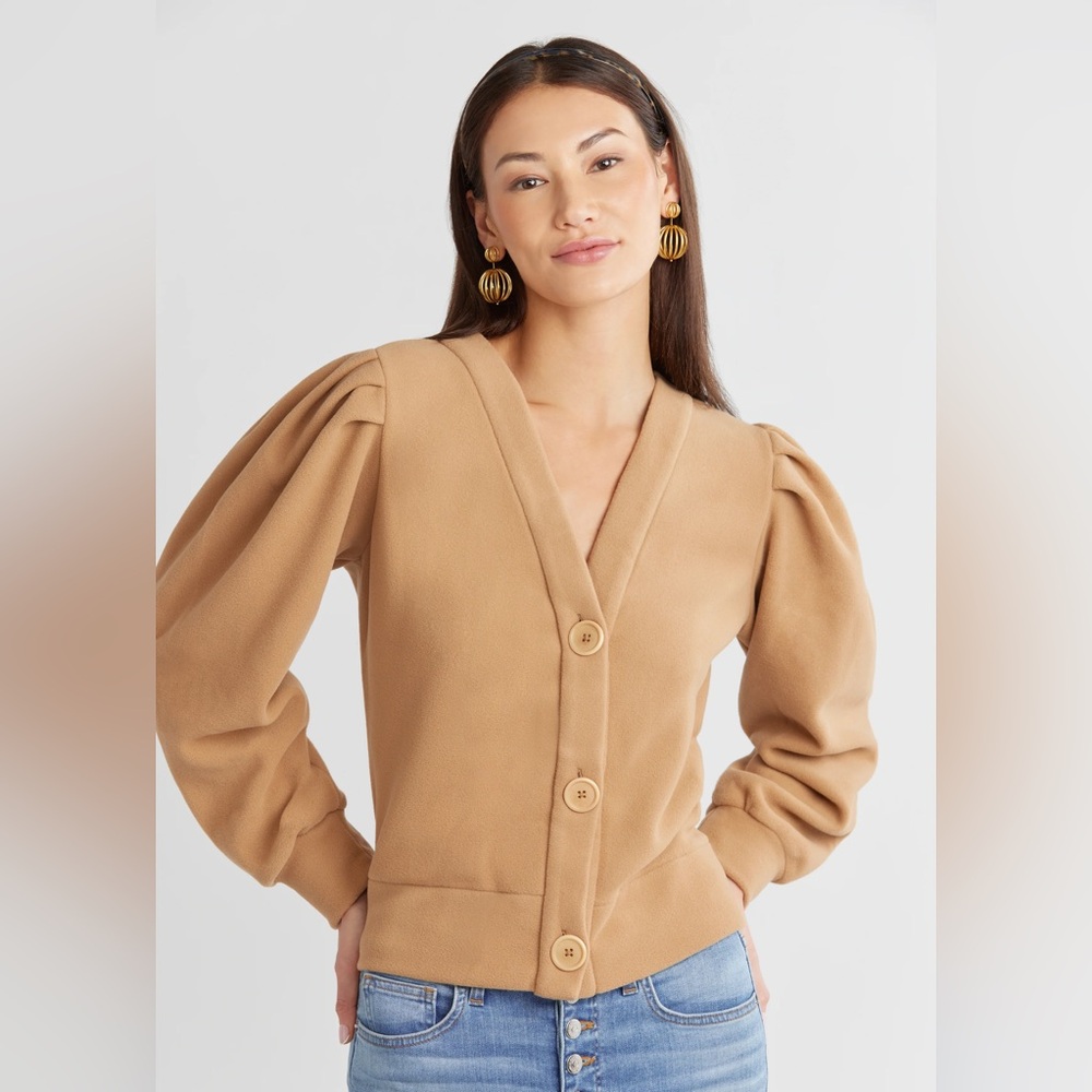 Dudley Stephens Kelly Puff Sleeve Cardigan Camel Vello Fleece Size XS